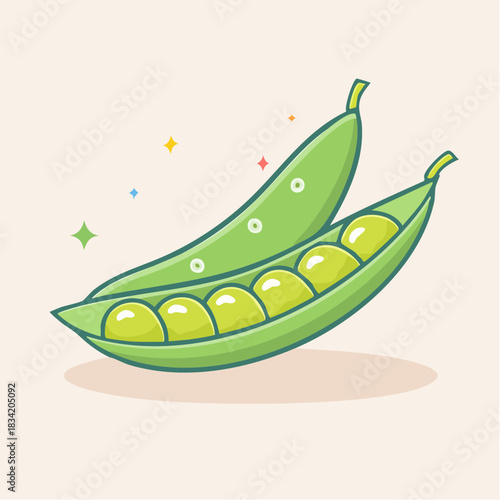 Pixel Art Style Green Pea Pods With Six Round Peas Visible Inside One Pod on a Light Peach Background With Sparkling Stars