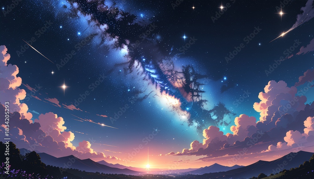Fototapeta premium 光降る銀河の夕景 : Sunset Beneath the Falling Galaxy