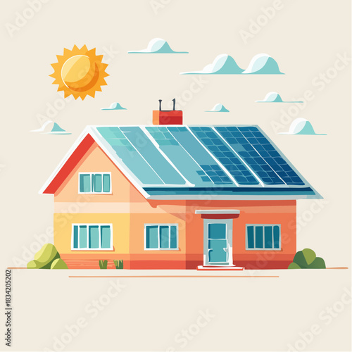 Illustration of a Bright Orange House with Blue Solar Panels on the Roof Under a Sunny Sky with Clouds