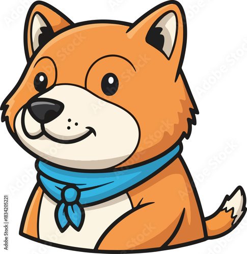 Adorable cartoon shiba inu dog wearing a blue bandana with a friendly smile and alert ears, Generative Ai
