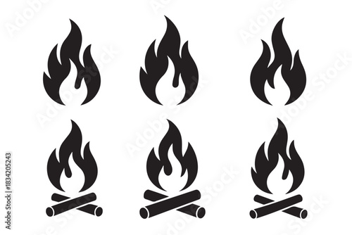 Bonfire and Flame Vector Icons with Fire, Campfire, and Burning Symbols