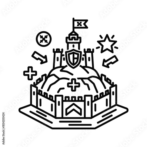 Strategy Game Castle Icon with Defense, Attack, Rewards & Status Elements