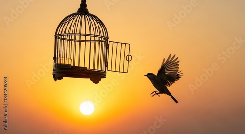 Bird escaping open cage at sunset freedom