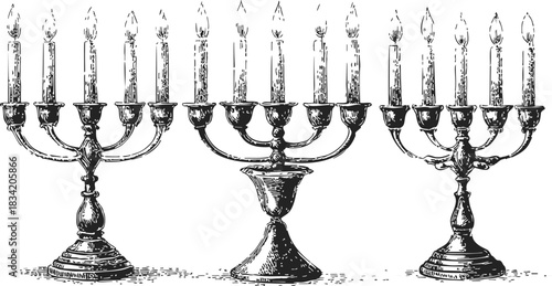 Menorah sketch hand drawn style with three ornate candle holders. Vector illustration