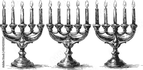 Menorah sketch, hand drawn style, three traditional candelabras with lit candles. Vector illustration