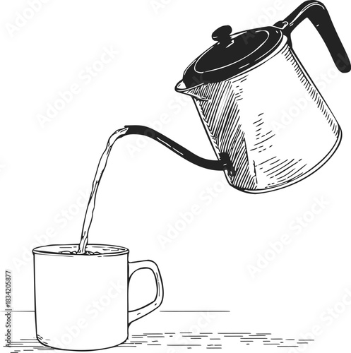 Kettle pouring water into mug sketch, hand drawn kitchen scene. Vector illustration