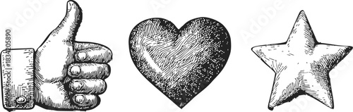 Thumbs up hand, heart, and star sketch style icons. Vector illustration