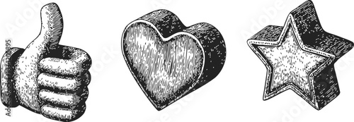 Thumbs up hand, heart, and star sketch, hand drawn style, isolated icons. Vector illustration