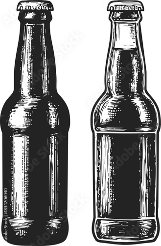 Beer bottles sketch hand drawn style with detailed glass texture. Vector illustration