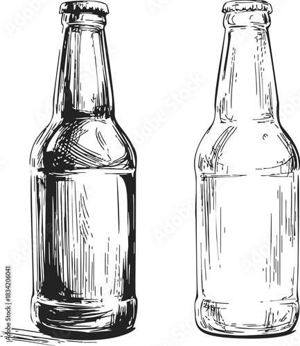 Beer bottles sketch hand drawn style with detailed glass texture. Vector illustration