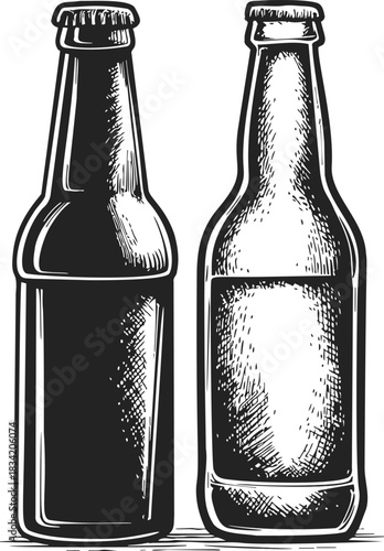 Beer bottles sketch, hand drawn style, two classic capped bottles side by side. Vector illustration