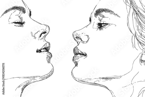 Female faces sketch hand drawn side profile closeup, expressive line art. Vector illustration