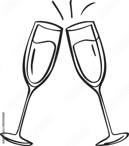 Champagne glasses sketch hand drawn clinking in celebration. Vector illustration