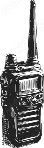 Walkie-talkie sketch hand drawn style with detailed buttons and antenna. Vector illustration