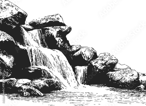 Waterfall sketch hand drawn with rocks and flowing water. Vector illustration