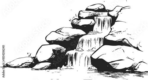 Waterfall sketch hand drawn with rocks and flowing water. Vector illustration