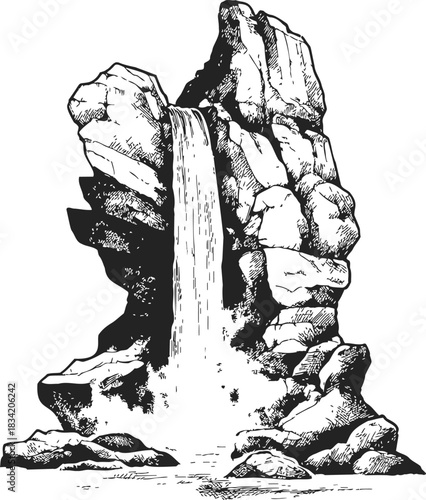 Waterfall sketch hand drawn rocky cliff with cascading water. Vector illustration