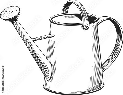 Watering can sketch hand drawn vintage style with long spout and handle. Vector illustration