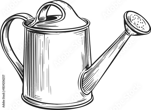 Watering can sketch hand drawn vintage style with long spout and rose. Vector illustration