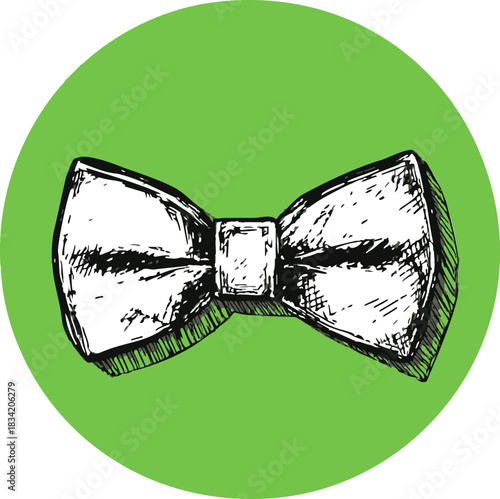 Bow tie sketch hand drawn black and white on green circle background. Vector illustration