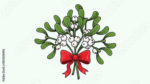 A festive cartoon illustration of a mistletoe sprig adorned with white berries and tied with a bright red bow perfect for holiday and winter themes