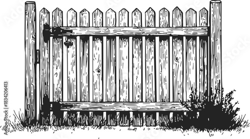 Wooden picket fence sketch, hand drawn rustic gate with grass and bushes. Vector illustration