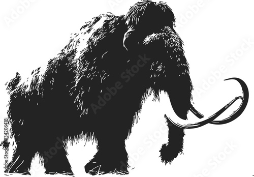 Woolly mammoth sketch hand drawn silhouette with shaggy fur and curved tusks. Vector illustration