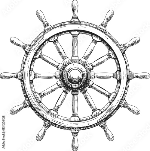 Ship wheel sketch, hand drawn nautical steering helm with detailed wood texture. Vector illustration