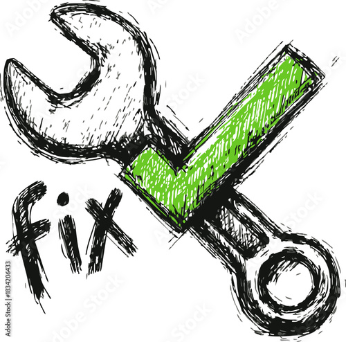 Wrench hand drawn sketch with green check mark and fix text. Vector illustration
