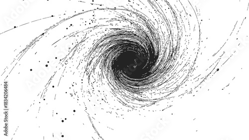 Black hole sketch hand drawn swirling accretion disk with scattered particles. Vector illustration