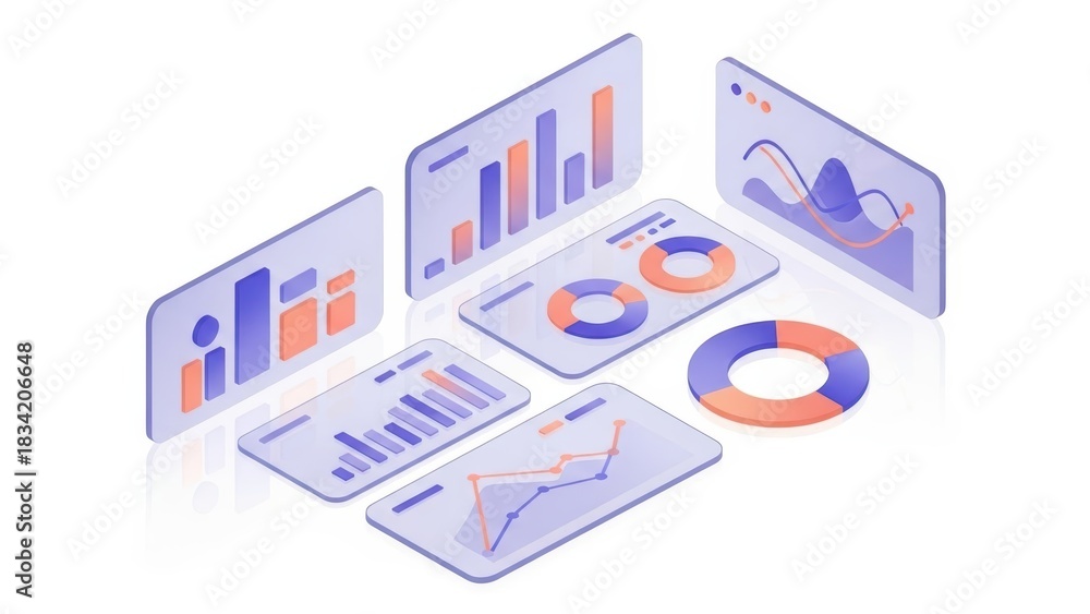 Fototapeta premium Isometric 3D dashboard with analytics charts and data visualizations.