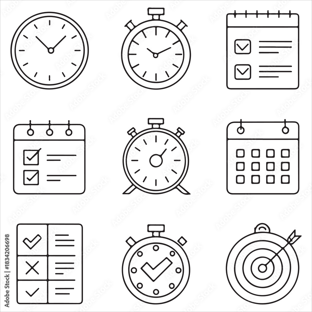 Fototapeta premium Black & white productivity icon set — clock, alarm, timer, stopwatch, calendar check, to-do list, focus target — thin outline vector