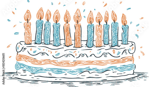 Birthday cake sketch with lit candles, hand drawn style, festive confetti. Vector illustration