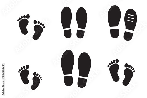 Collection of Simple Footprint Icons Showing Human Shoe Prints and Bare Feet Silhouettes for Signs, Guides, Maps, and Design Projects