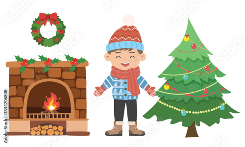 Little boy with warm clothes sitting near christmas tree and fireplace. Flat vector in cartoon style isolated on white background. Christmas element. Cartoon kid,