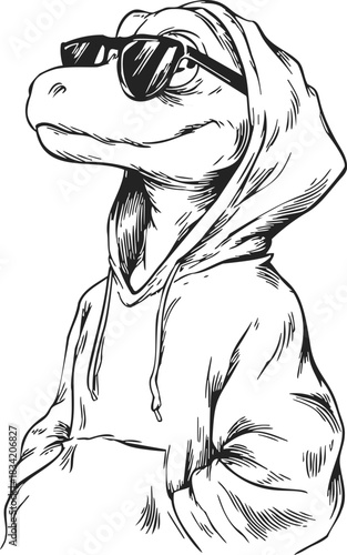 Dinosaur wearing hoodie and sunglasses, sketch hand drawn style, cool attitude. Vector illustration