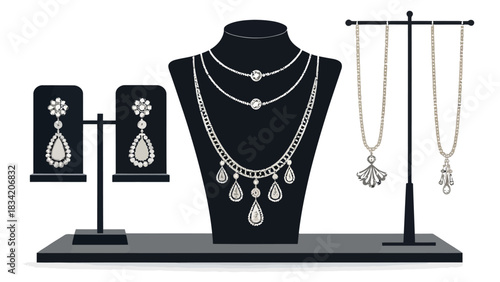Elegant jewelry display showcasing necklaces and earrings, timeless luxury accessories, perfect for fashion and retail promotions, originally created as vector art