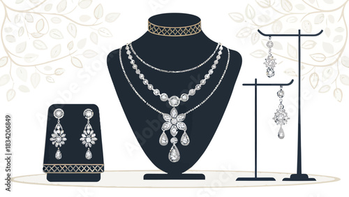 Elegant jewelry set featuring sparkling necklace and earrings, perfect for luxury brands, bridal collections, or high-end fashion campaigns with timeless style