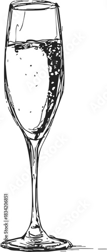 Champagne flute sketch hand drawn with sparkling wine and bubbles. Vector illustration