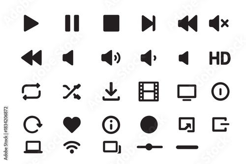 Media Player Vector Icons with Playback, Volume, and Mute Controls
