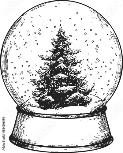 Snow globe sketch hand drawn with pine tree and falling snow inside. Vector illustration