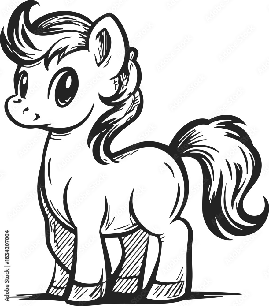 Fototapeta premium Cartoon pony sketch, hand drawn style, standing with big eyes and fluffy mane. Vector illustration