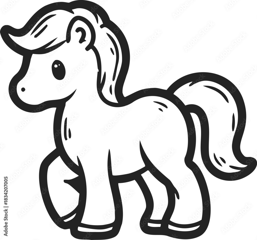 Fototapeta premium Pony cartoon sketch, hand drawn style, cute standing foal with big eyes. Vector illustration
