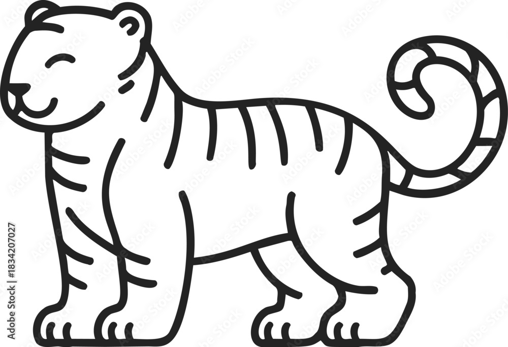 Fototapeta premium Tiger cartoon sketch, hand drawn style, simple smiling tiger with stripes. Vector illustration