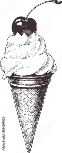 Ice cream cone sketch with swirl soft serve and cherry on top. Vector illustration
