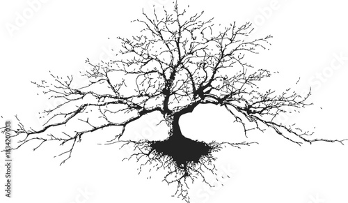 Bare tree sketch hand drawn silhouette with exposed roots on white background. Vector illustration