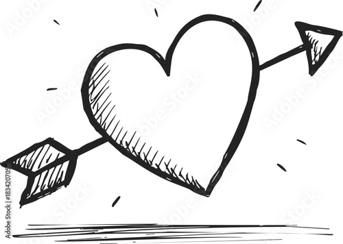 Heart with arrow sketch hand drawn style, simple romantic doodle. Vector illustration