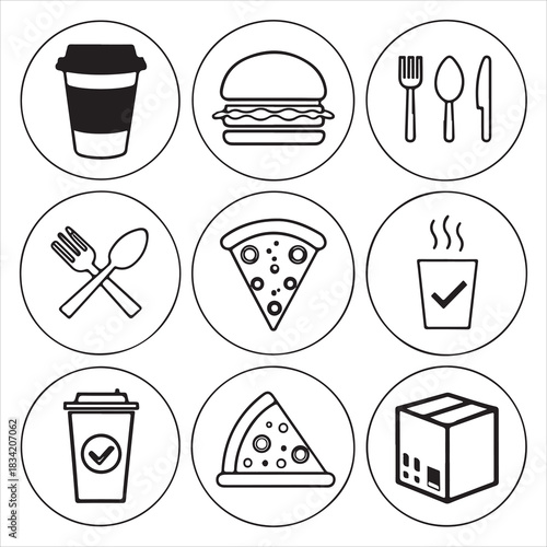 Minimal food icon set — coffee cup, burger, pizza slice, fork & spoon, water glass, delivery box — black & white vector