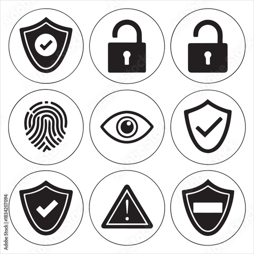 Black & white security icon set — shield, lock, unlock, fingerprint, eye visibility, hidden eye, warning triangle, verified check badge — clean vector outlines