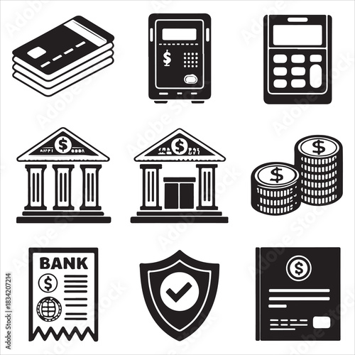 Black & white payment icon set — credit card, ATM, bank building, money note, coin stack, secure payment shield, receipt — vector design.